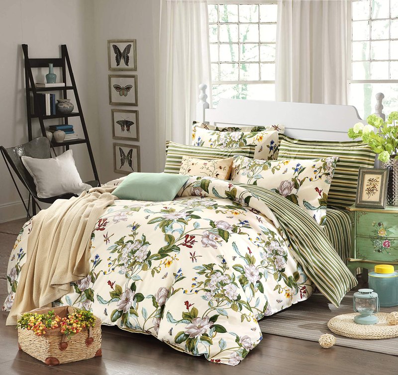 FADFAY Floral Duvet Cover Set 100% Cotton Green and Beige Striped Shabby Flower Bedding Branches Summer Bedding Reversible 600 TC Soft Zipper Comforter Cover & 2 Pillowcases，Queen