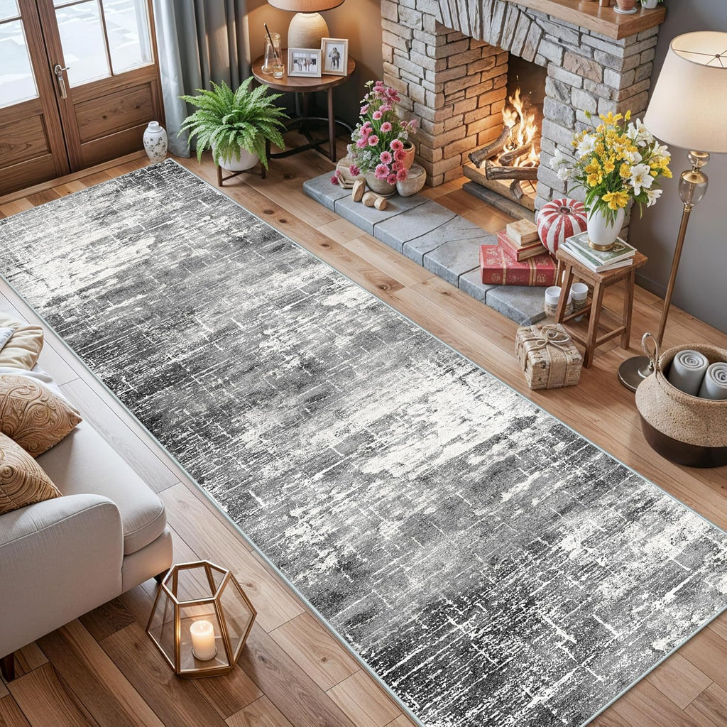 Skiennix 12ft Abstract Kitchen Area Rug - Soft Non-Slip Runner for Living Room & Bathroom | Stain Resistant (2'6"x12', Black/Grey)