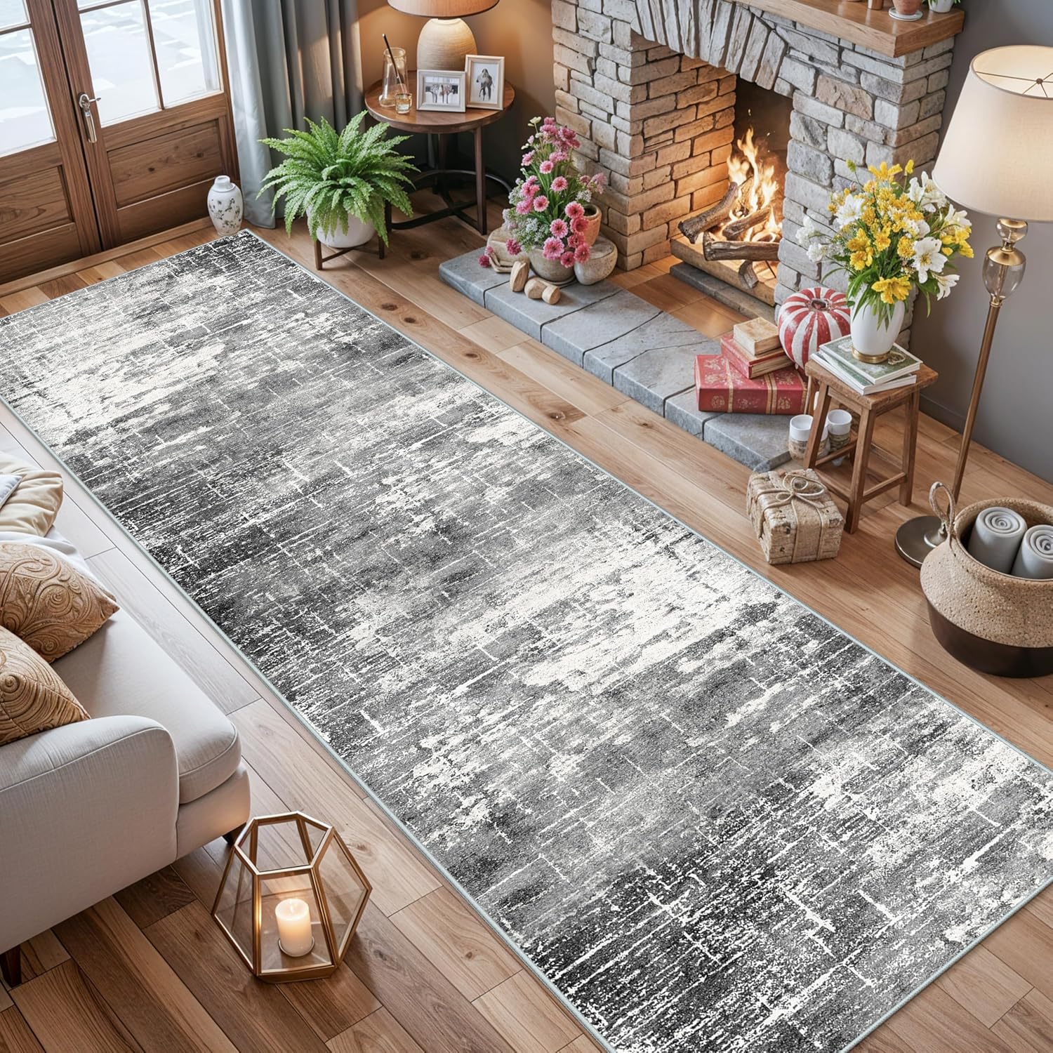 Skiennix 12ft Abstract Kitchen Area Rug - Soft Non-Slip Runner for Living Room & Bathroom | Stain Resistant (2'6"x12', Black/Grey)