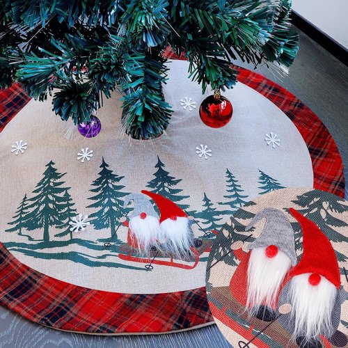 Juegoal 32-Inch Christmas Tree Skirt - Soft Red & Black Plaid Design with Gnome Sledding Decor