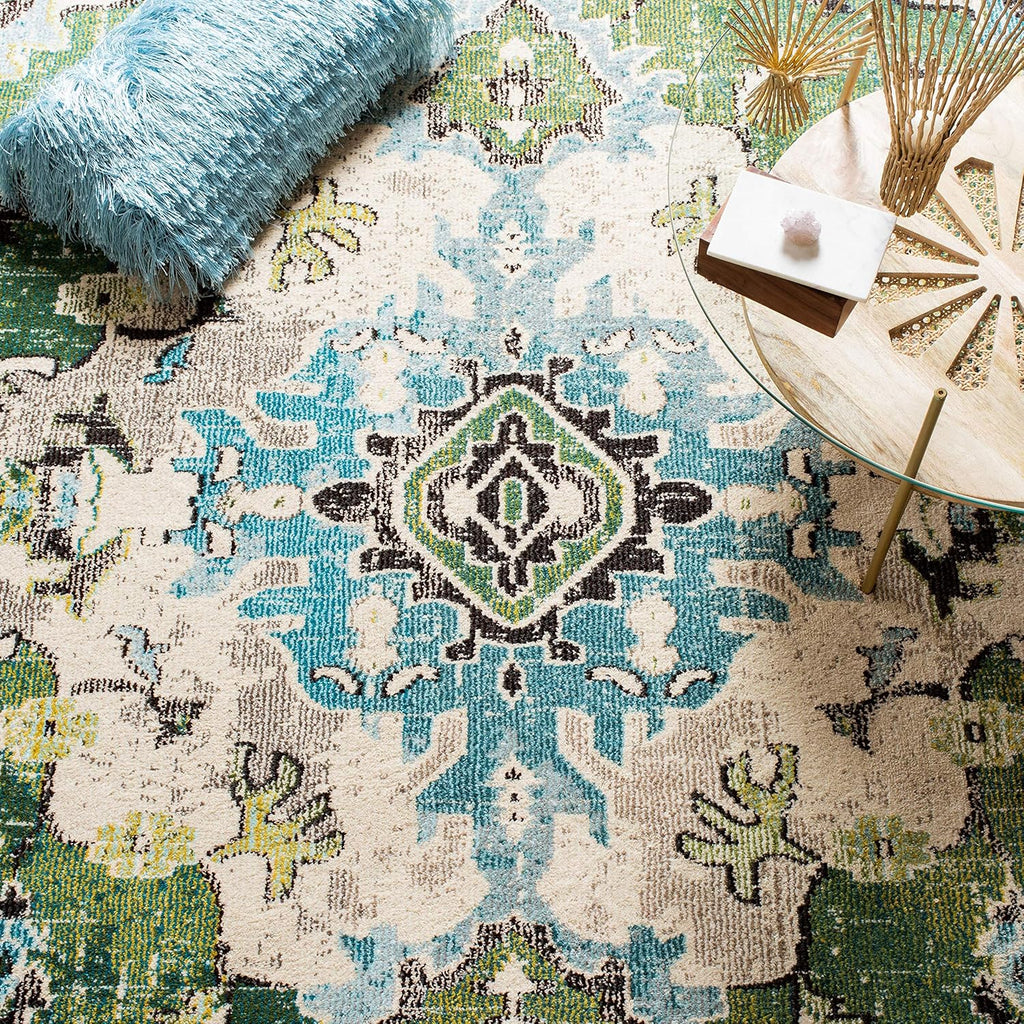 SAFAVIEH Monaco Collection Area Rug - 8' x 10', Forest Green & Light Blue, Non-Shedding & Easy to Clean | Distressed Medallion Design for Living Room, Bedroom, Dining Space