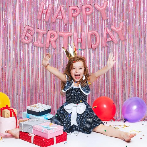 Melsan Pink Tinsel Curtains - 3.2 ft x 8.2 ft Sparkling Metallic Backdrop for Princess Birthday Party | 2 Pack