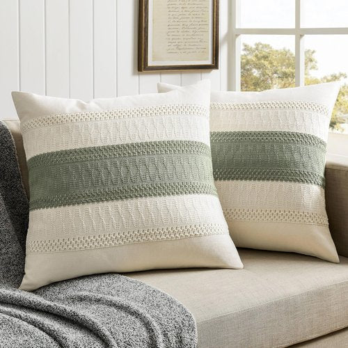 ZeeMart 2 Packs Cotton Boho Throw Pillow Covers 24x24 Inch Contrast Green, Soft Farmhouse Decorative Couch Pillow Cases Sage Green Cushion Covers for Sofa Bed Living Room Home Decor