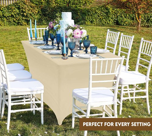 Utopia Kitchen Spandex Tablecloth 2 Pack [8FT, Champagne] Tight, Fitted, Washable and Wrinkle Resistant Stretch Table Cloth Rectangle Cover for Trade Show, Weddings & Parties [96Lx30Wx30H Inch]
