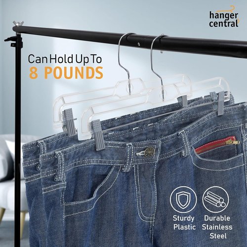 Hanger Central Premium 14-Inch Clear Pants Hangers - Adjustable Clips & Non-Slip Design | 12-Pack Heavy-Duty Closet Organizers