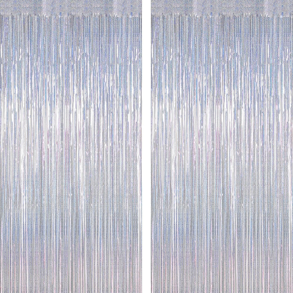 Skiennix Silver Metallic Tinsel Foil Curtains - 2 Pack Glitter Fringe Backdrop | 3.28 FT x 7.05 FT for Parties
