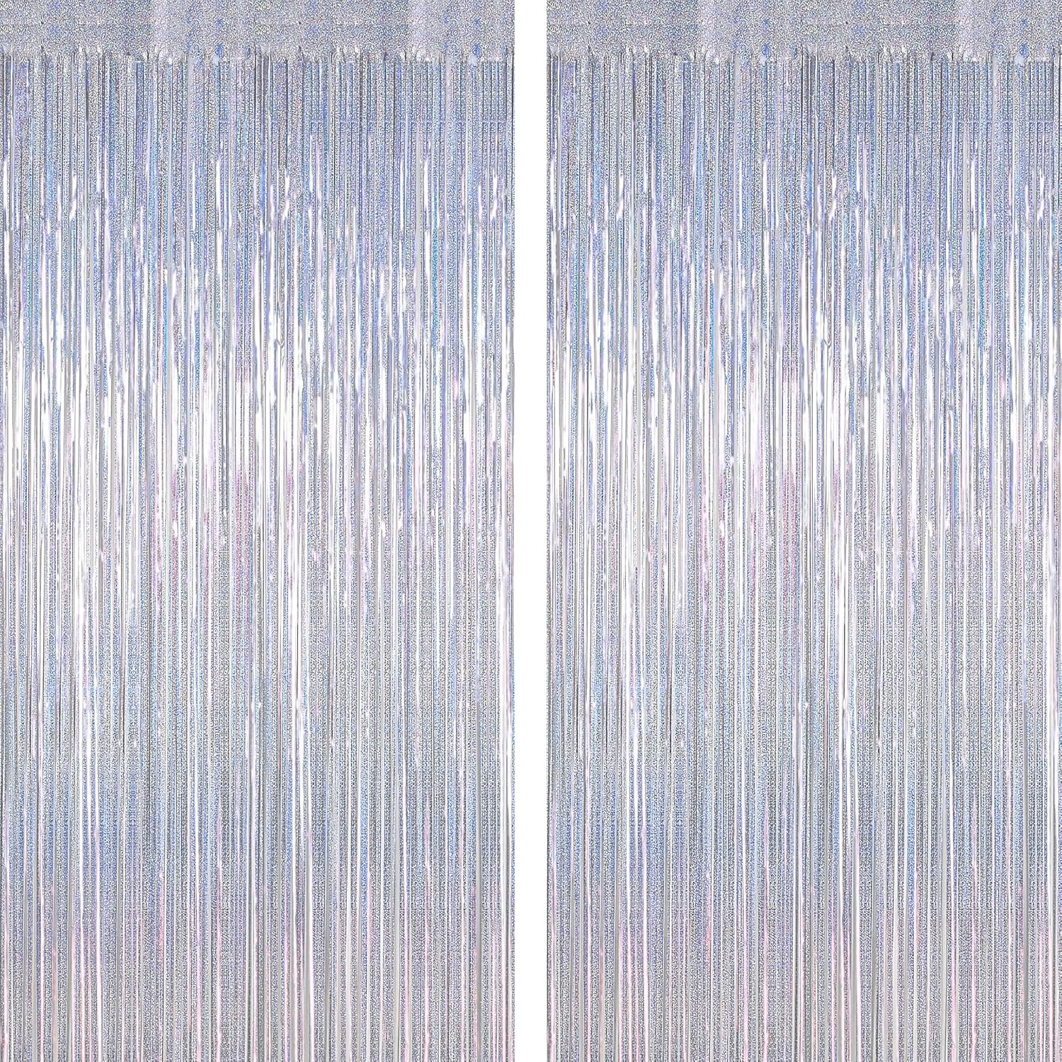 Skiennix Silver Metallic Tinsel Foil Curtains - 2 Pack Glitter Fringe Backdrop | 3.28 FT x 7.05 FT for Parties