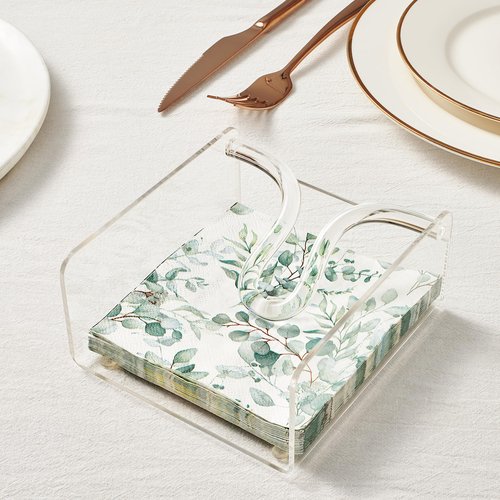Clear Acrylic Square Cocktail Napkin Holder (5.1"x5.5"), Unbreakable Plastic Napkin Dispenser with Weighted Arm and Non-Slip Pads, Kitchen, Dining Table, Bathroom Vanity, Shatterproof BPA-free