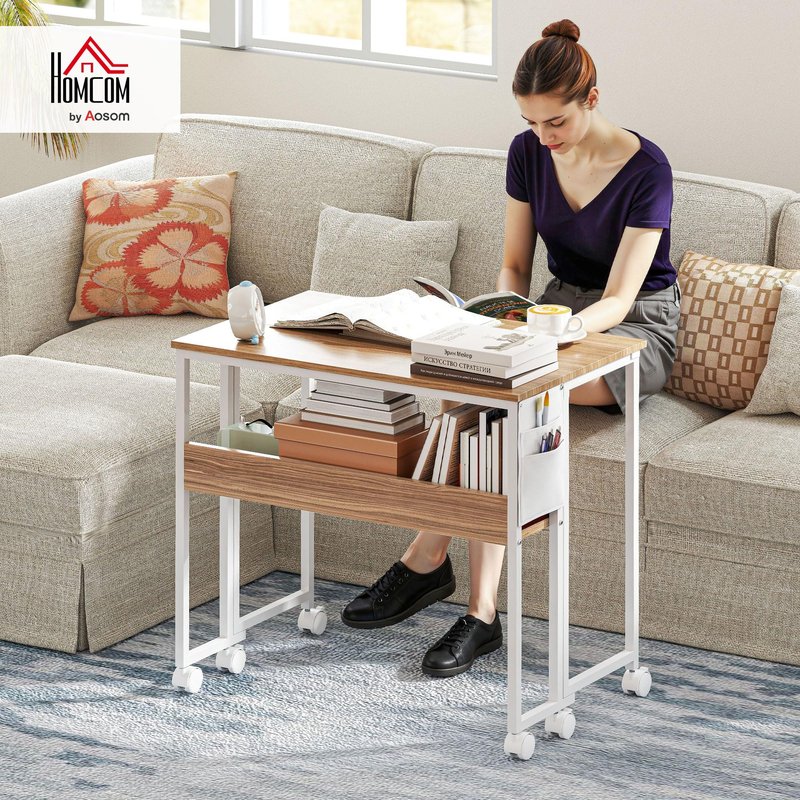 HOMCOM Small Folding Desk, Rolling Computer Desk Foldable with Storage Bag and Shelf, 31.5" Portable Writing Table on Wheels for Small Spaces, Home Office, Study, Easy Assembly, Natural Wood