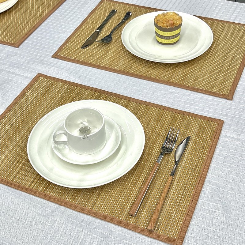 ANDSTAR Set of 8 Pcs Bamboo Placemats with Fabric Border Japanese Style Natural Anti-Slip Bamboo Placemats Washable Heat-Resistant Table Mats for Dining Room and Kitchen (Brown)