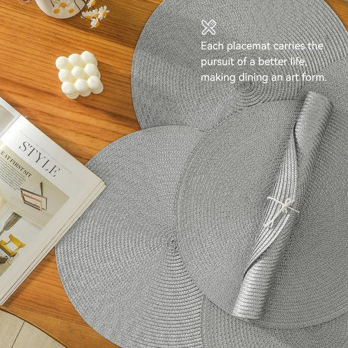 Leetaltree Round Placemats Set of 8 - Washable Woven Non-Slip Round Table Mats,15-Inch Heat Resistant Table Placemats,Light Grey