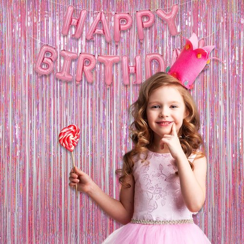 Melsan Pink Tinsel Curtains - 3.2 ft x 8.2 ft Sparkling Metallic Backdrop for Princess Birthday Party | 2 Pack
