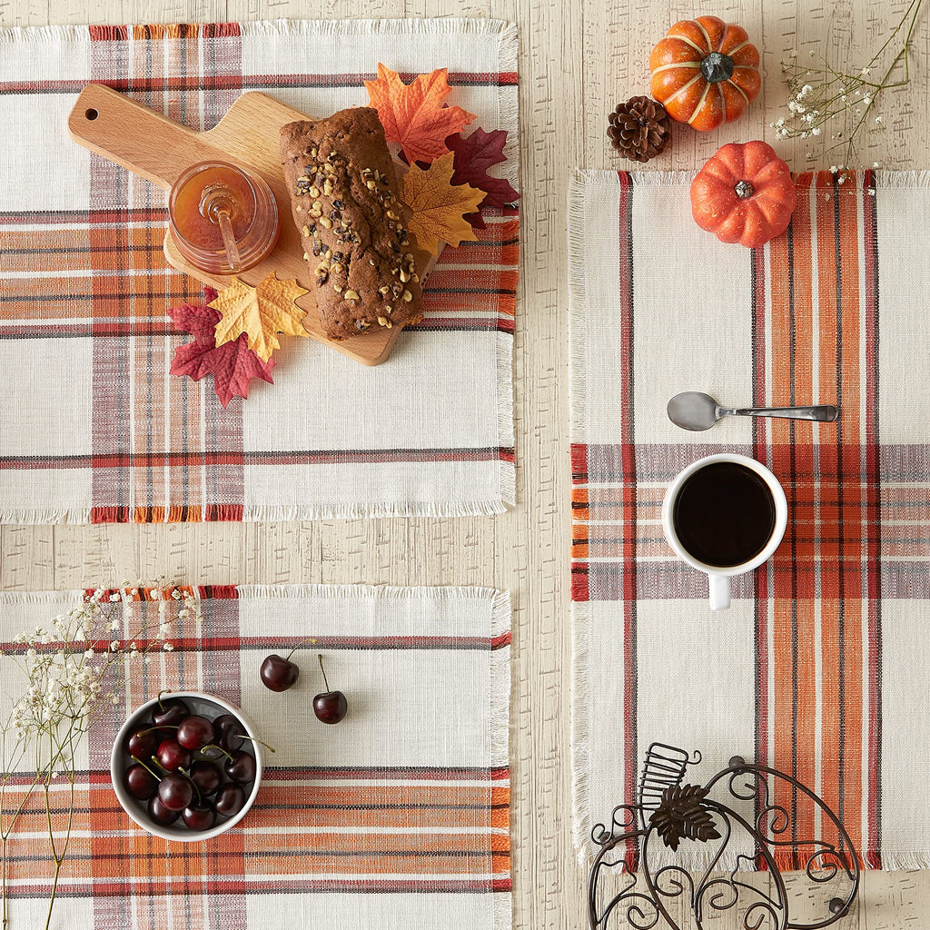 DII Thanksgiving & Fall Table Decoration Autumn Farmhouse Plaid, Placemat Set, 13x19, Pumpkin Spice Orange, 6 Count