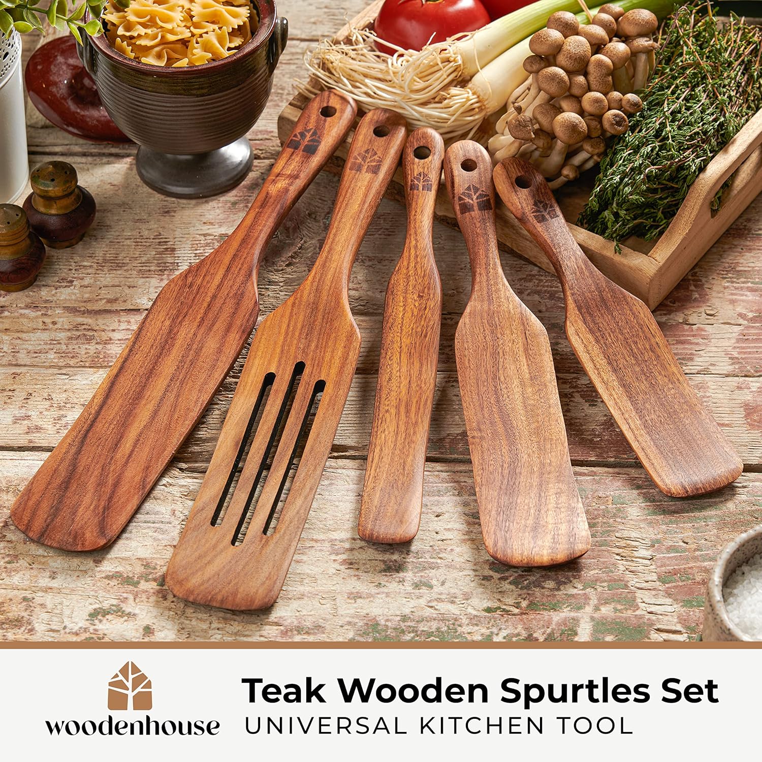 Woodenhouse Teak Spurtle Set of 5 - Non-Stick Kitchen Tools for Serving, Stirring & Mixing