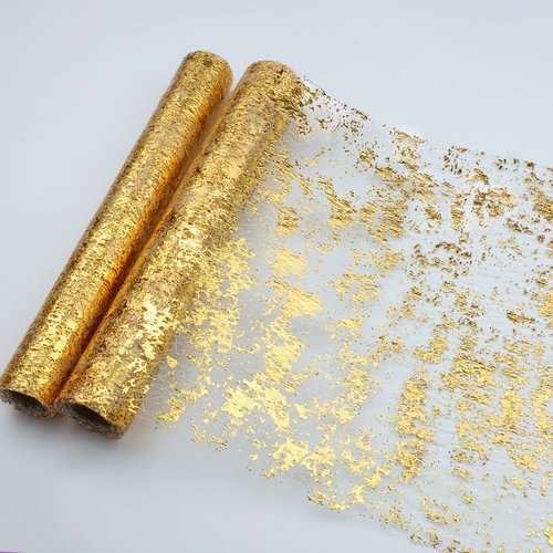 Snowkingdom 2 Pieces Gold Table Runner, Sequin Glitter Foil Metallic Thin Mesh Runner Roll 11"x108", Gold Table Decorations for Event Party, Wedding, Birthday Party, Christmas