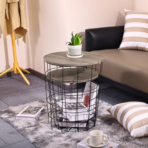 Elevon Nesting Table End Table Wire Basket Base with Wood Tops Side Table Set of 2, Gray