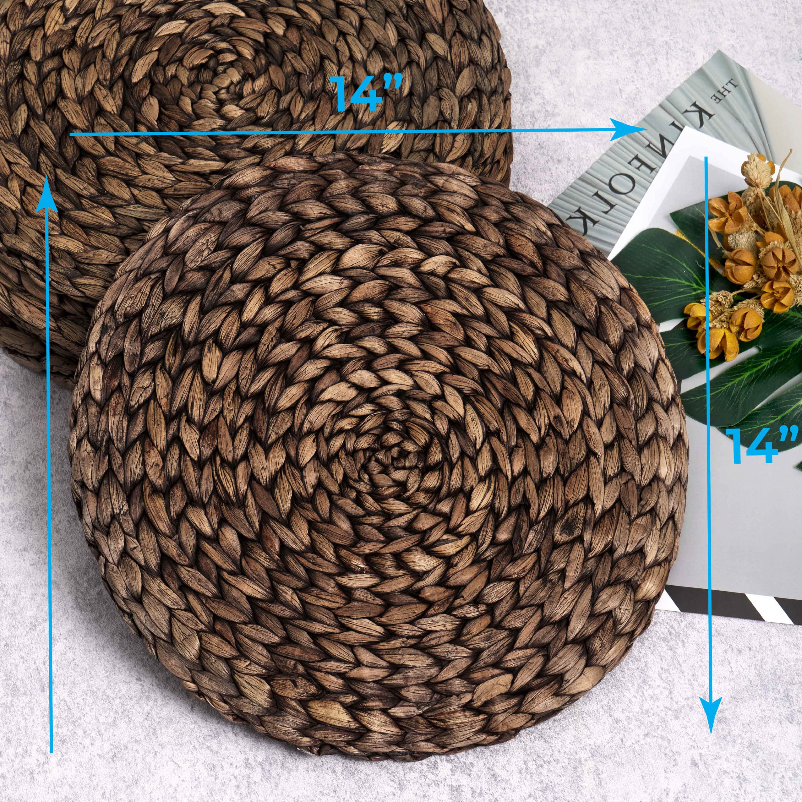 (4 Sizes: 12"-13"-14"-15") BARIEN Rustic Woven Placemats Round Set of 6, Natural Water Hyacinth Weave Placemat for Dining Table, Large Handmade Woven Placemats Heat Resistant Non-Slip (12" - Set of 6)