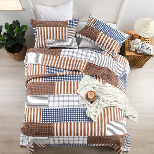 BCOTTOND Quilt, 100% Cotton Queen Quilt Set Patchwork Plaid Quilt Bedding Set Brown Blue Reversible Lightweight King Bedspread for All Season 3-Piece