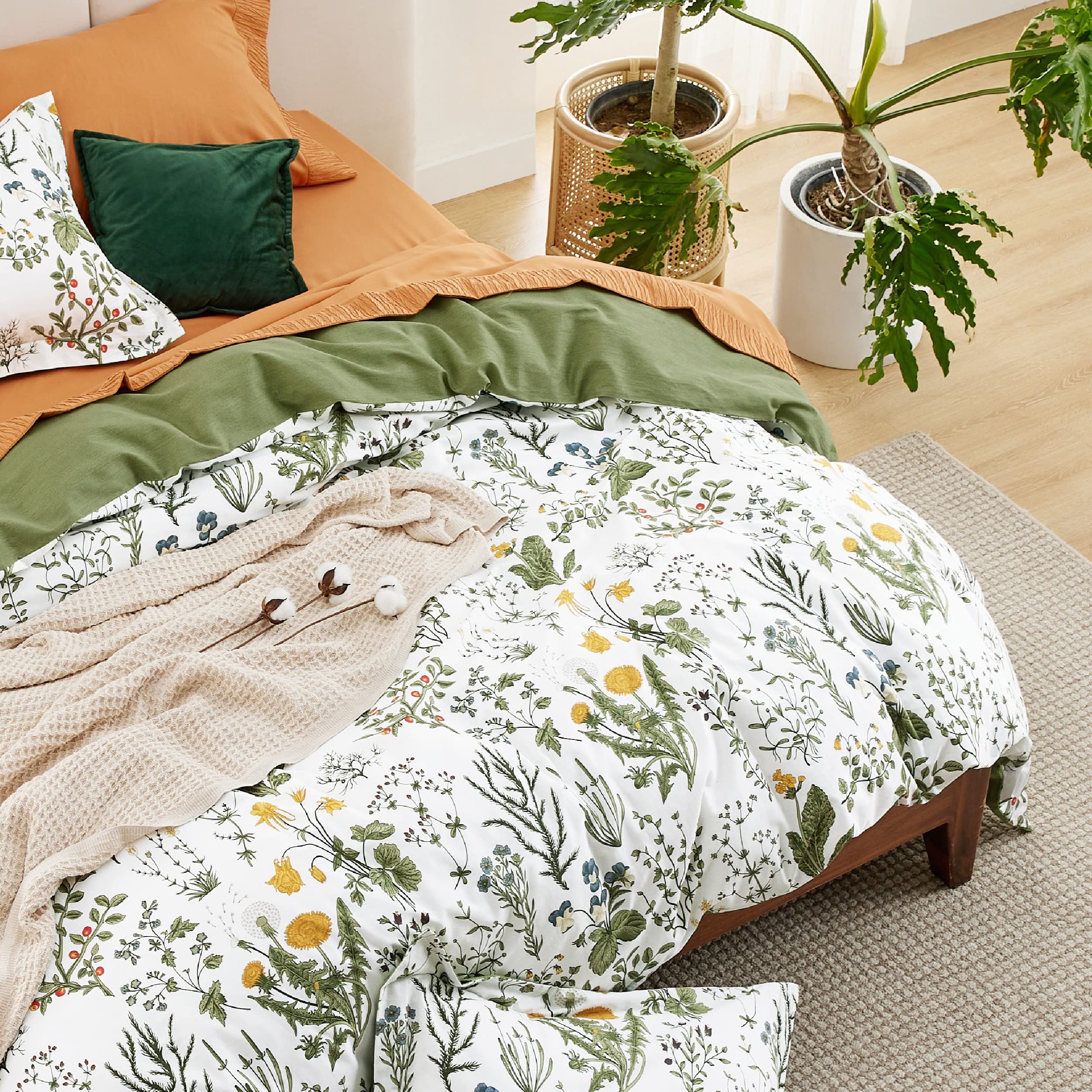 Bedsure Duvet Cover King Size - 100% Cotton Reversible Floral King Duvet Cover Set with Zipper Closure, 3 Pieces Soft & Breathable Green Bedding Set with 2 Pillow Shams 20"x36"