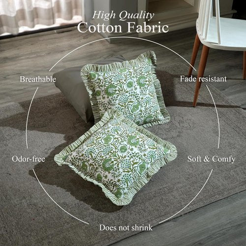 CPC Block Print Ruffle Throw Pillow Covers - Agate Green 16"x16" | 100% Cotton Boho Decorative Cases for Living Room & Bedroom