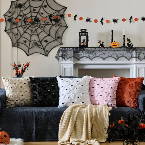 YOSICHY Halloween Decorations Pillow Covers 18x18 inch Set of 2 Beige Ghost Throw Pillow Cases Soft Plush Faux Fur Wool Decorative Cushion Case for Sofa Couch Bed Chair Living Room Home Decor