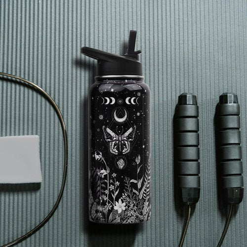 Insulated Goth Water Bottle 32 oz, Goth Gifts for Women, Halloween Gothic Water Bottle with Straw and Lid, Reusable Leakproof Water Bottle Stainless Steel
