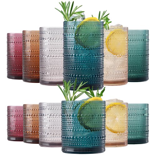Khen Plastic Hobnail Drinking Glasses Set of 12 Neutral Tones Cups 6x 10oz Lowball & 6x 1oz Highball Acrylic Beaded Design, BPA-Free, Dishwasher Safe Indoor/Outdoor Drinkware Water, Juice, Cocktails