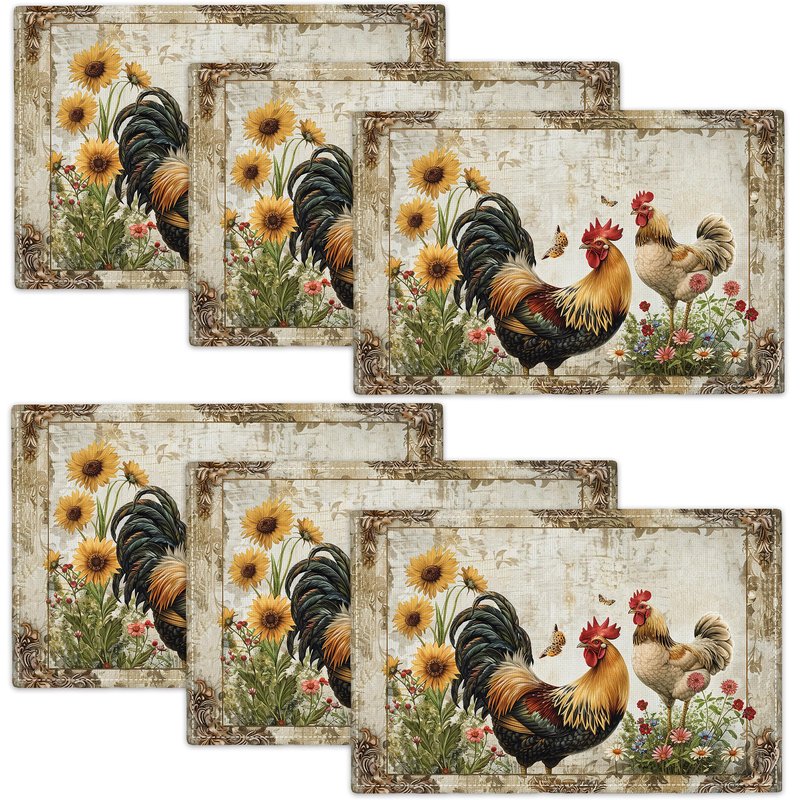 Rooster Placemats Set of 6 Farmhouse Roosters Imitation Linen Placemat Vintage Rustic Chicken Heat Resistant Dining Daisy Flowers Table Place for Kitchen Indoor Restaurants Party 12''x18''