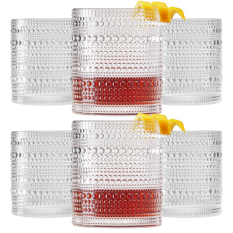 Plastic Hobnail Drinking Glasses Set of 6 Tritan Lowball Cups 14oz, Shatterproof & Unbreakable Acrylic Beaded Design, BPA-Free, Dishwasher Safe Indoor/Outdoor Drinkware for Water, Juice, Cocktails