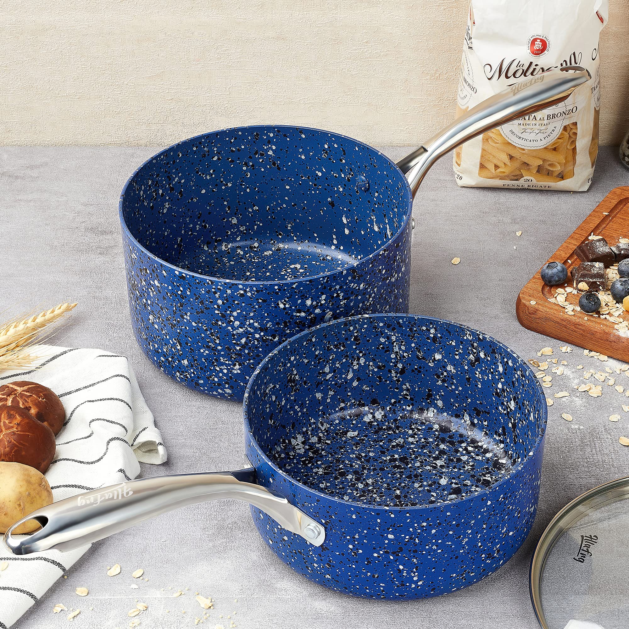 HLAFRG Saucepan Set with Lid, Nonstick 2Qt & 3Qt Pot Set with Lid, Small Pot with Stainless Steel Handle, Natural Granite Nonstick Saucepan Set, Small Sauce Pots, Blue Pot Set - 2Qt & 3Qt