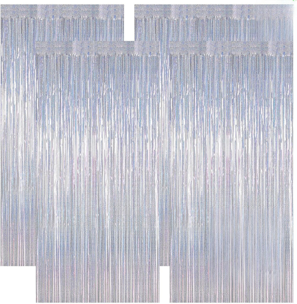 Skiennix Silver Tinsel Foil Curtain - 4 Pack Glitter Backdrop for Parties | 3.28 FT x 7.05 FT
