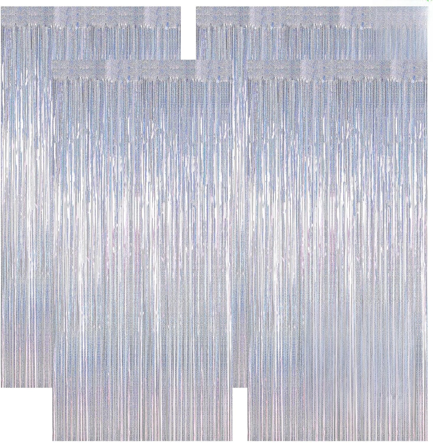Skiennix Silver Tinsel Foil Curtain - 4 Pack Glitter Backdrop for Parties | 3.28 FT x 7.05 FT