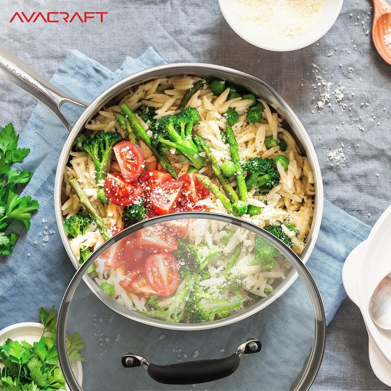 AVACRAFT 18/10 10 Inch Stainless Steel Frying Pan with Lid, Side Spouts, Induction, Versatile Stainless Steel Skillet