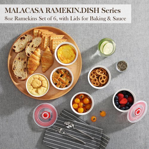 MALACASA Ramekins with Lids 8 oz - Set of 6, White Porcelain Creme Brulee Souffle Ramekins with Covers, Ceramic Custard Cups for Baking, Dishwasher and Oven Safe, Series RAMEKIN-DISH